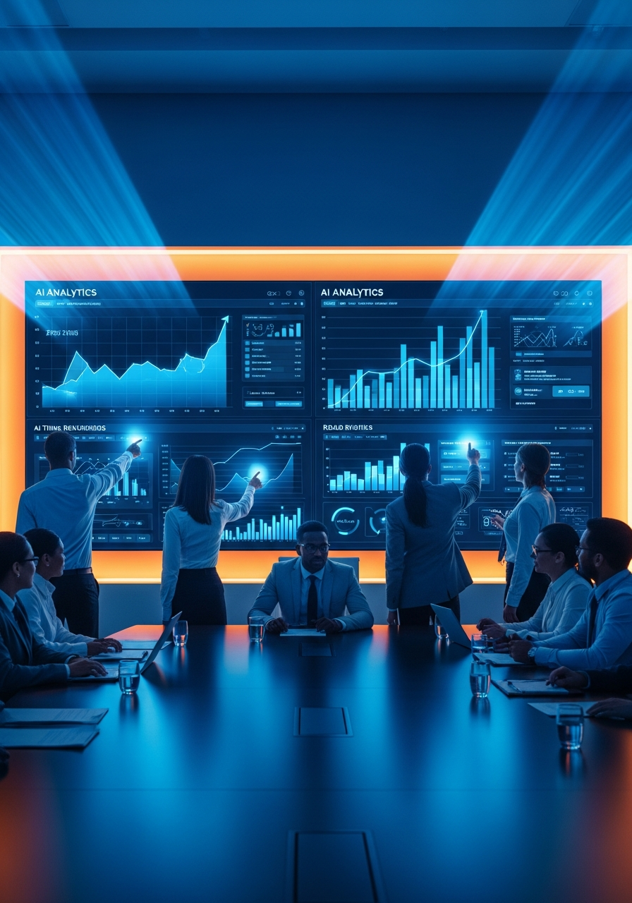 Executives reviewing MindSource AI dashboards in a boardroom